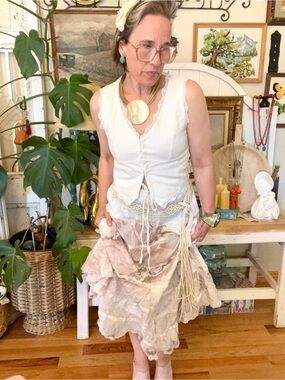 Vintage Y2K “Euro Fairy” White Cotton Gauze Tiered Skirt With Watercolor Art